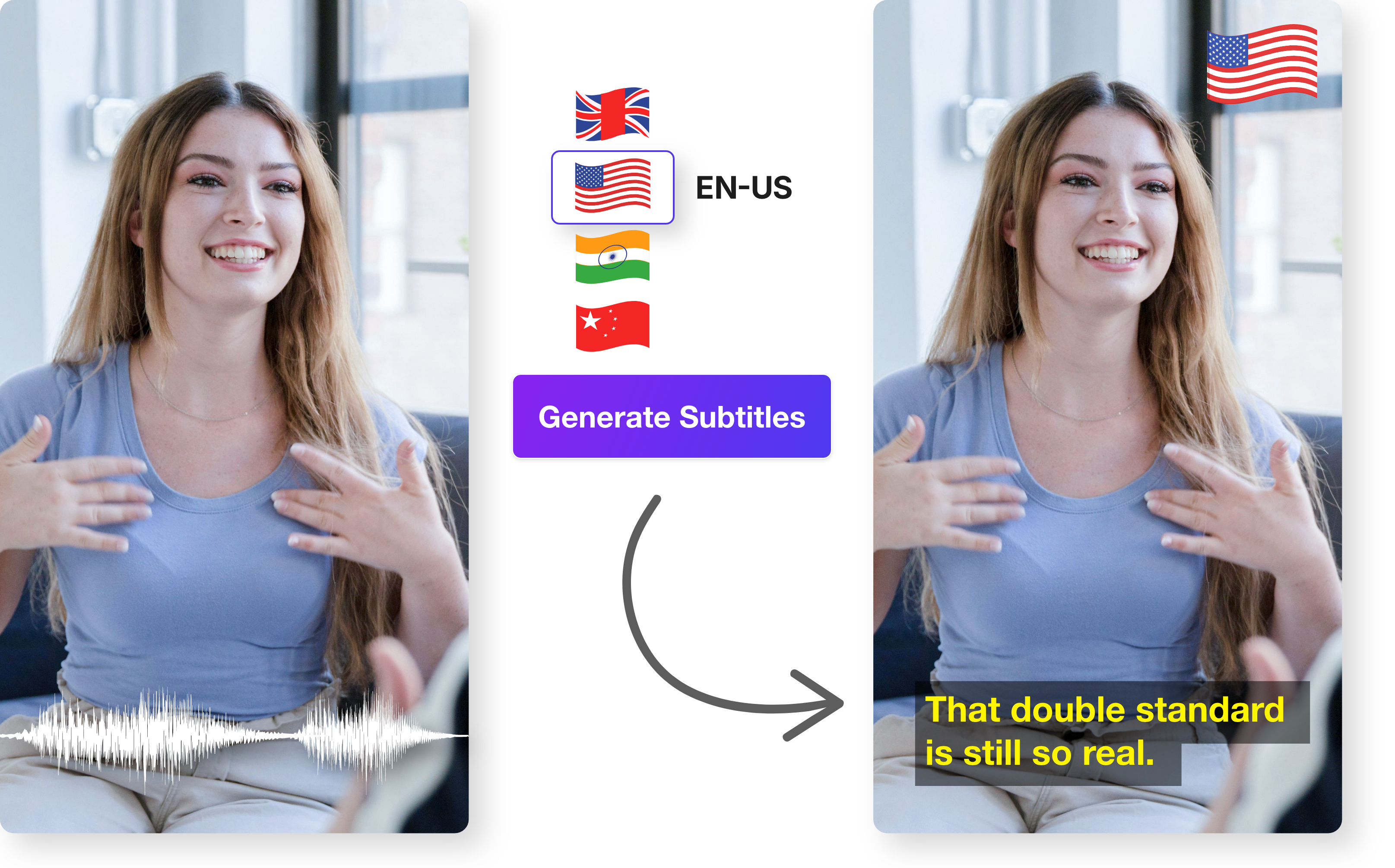 Video caption generator exporting SRT and VTT subtitle files for broadcast