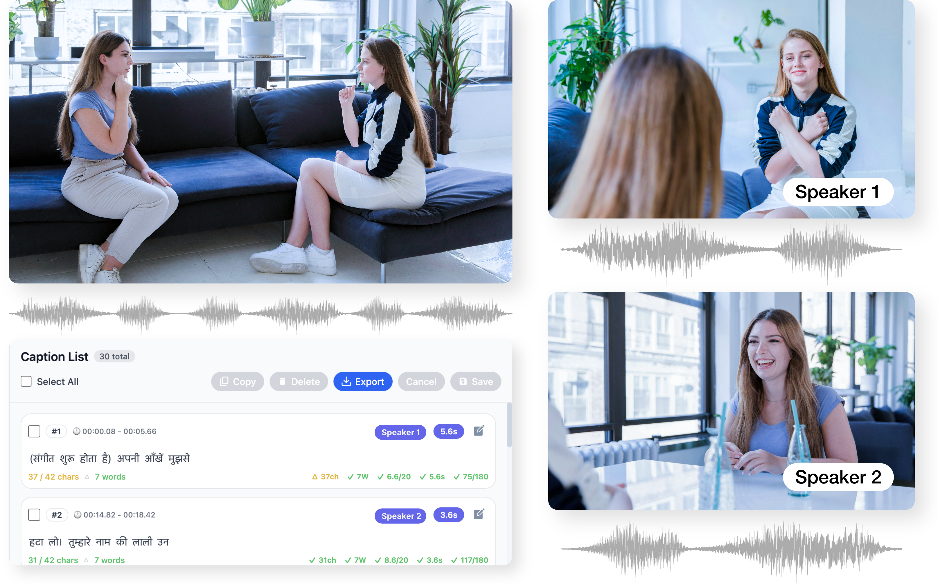 AI caption editor showing font color and animation customization options