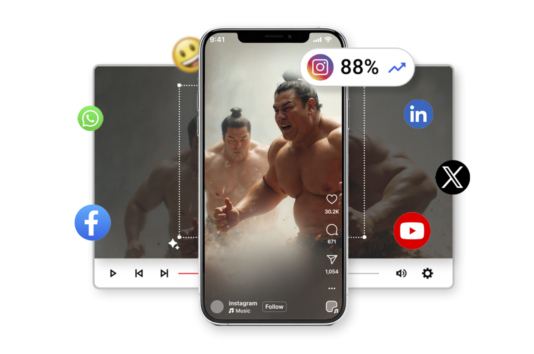 AI landscape to portrait video converter interface showing smart crop in action