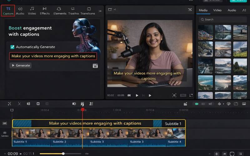 AI video editing tutorial showing subtitle generation workflow step by step