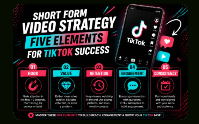 Short form video strategy with five core elements for TikTok growth