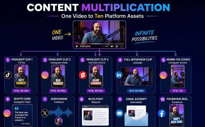 Content multiplication strategy producing ten assets from one source video