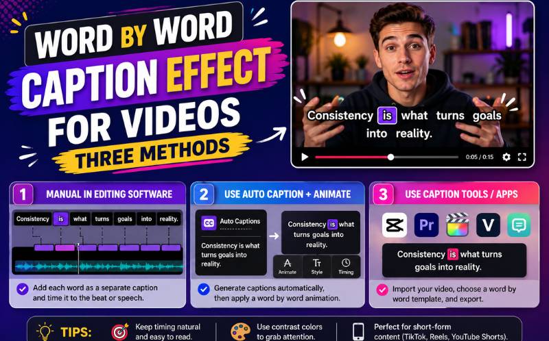 Three methods to create word by word caption effect for videos compared