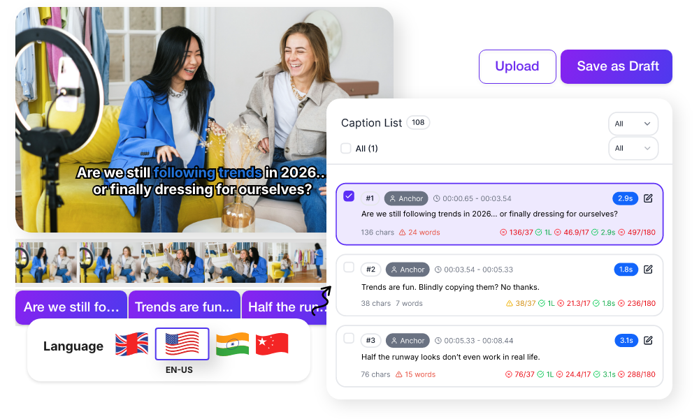 AI subtitle generator creating multi-language subtitles from video audio