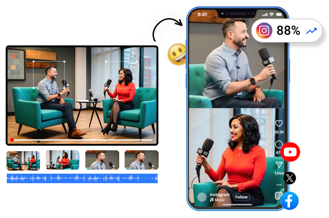 Split screen video maker showing AI speaker detection in stacked vertical layout